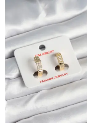 Pirinç Gold Renk Zirkon Taşlı Altıgen Kadın Küpe