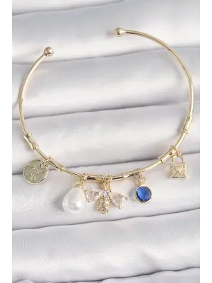 Pirinç Gold Renk Zirkon Taşlı Arı Figür İnci Detay Charm Kadın Bileklik