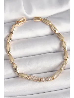 Pirinç Gold Renk Zirkon Taşlı Arpa Zincir Model Kadın Bileklik