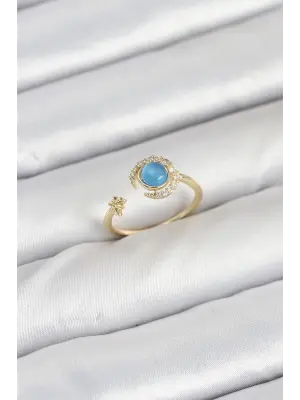 Pirinç Gold Renk Zirkon Taşlı Ay Yıldız Kadın Yüzük