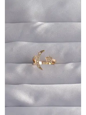  Altın Zirkon Taşlı Ay Yıldız Model Ayarlamalı Yüzük