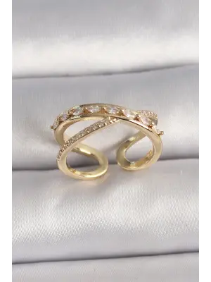  Altın Zirkon Taşlı Ayarlanabilir Çelik Yüzük