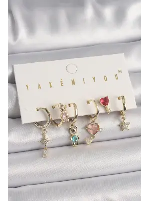  Altın Zirkon Taşlı Ayıcık Figür Yıldız Detay VIP Seri Çelik Küpe Kombini