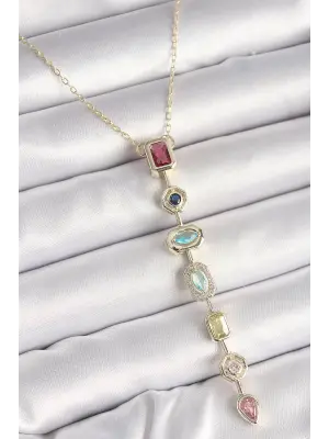 Pirinç Gold Renk Zirkon Taşlı Baget Dekolta Model Kadın Kolye