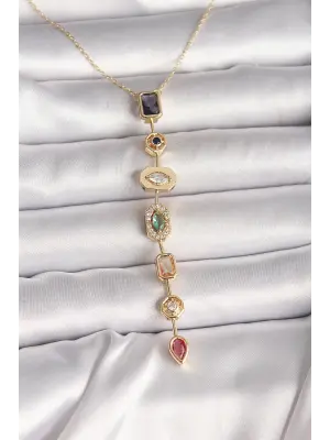 Pirinç Gold Renk Zirkon Taşlı Baget Dekolte Model Kadın Kolye