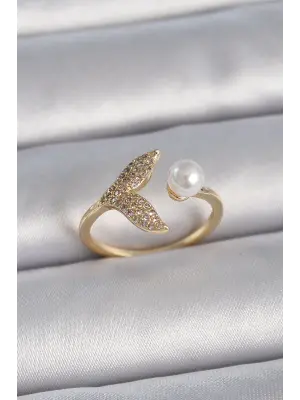  Altın Zirkon Taşlı Balık Kuyruğu İncili Ayarlanabilir Model Çelik Yüzük