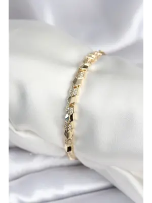Pirinç Gold Renk Zirkon Taşlı Balık Sırtı Model Kadın Bileklik