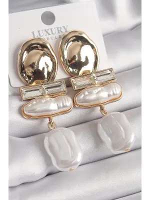  Altın Zirkon Taşlı Beyaz İnci Ezme Model Vintage Çelik Küpe