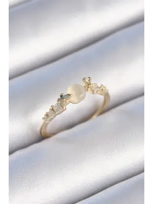  Altın Zirkon Taşlı Beyaz Mineli Kelebek Detay Çelik Yüzük