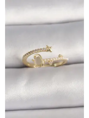  Altın Zirkon Taşlı Beyaz Mineli Yıldız Detaylı Ayarlanabilir Çelik Yüzük