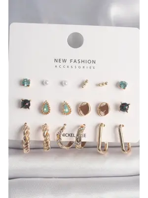  Altın Zirkon Taşlı Burgu Halka Figür İnci Detay 9 Çift Çelik Küpe Seti