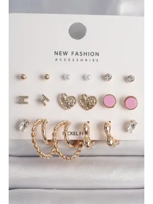  Altın Zirkon Taşlı Burug Halka Model İşlemeli Kalp Detay 9 Çift Çelik Küpe Seti