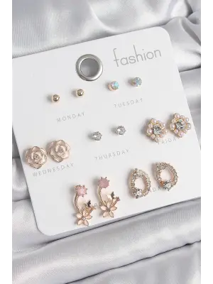 Pirinç Gold Renk Zirkon Taşlı Çiçek Figür 7 Çift Kadın Küpe Seti