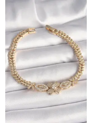 Pirinç Gold Renk Zirkon Taşlı Çiçek Figür Arpa Zincir Model Kadın Bileklik