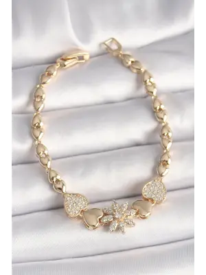 Pirinç Gold Renk Zirkon Taşlı Çiçek Figür Kalp Zincir Model Kadın Bileklik