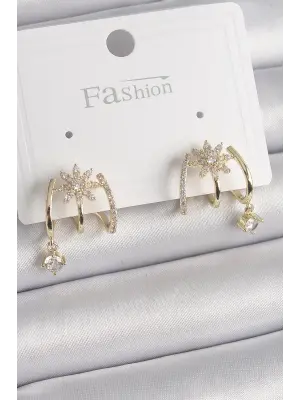  Altın Zirkon Taşlı Çiçek Figür Sallantı Detay Çelik Küpe