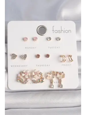  Altın Zirkon Taşlı Çiçek Kalp Figür 7 Çift Çelik Küpe Seti