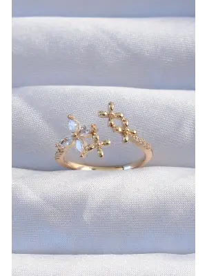  Altın Zirkon Taşlı Çiçek Model Ayarlanabilir Yüzük