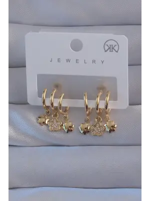  Altın Zirkon Taşlı Çiçek Model Çoklu Görünüm Yarım Halka Küpe