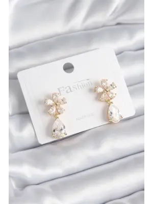  Altın Zirkon Taşlı Çiçek Model Damla Detay Çelik Küpe