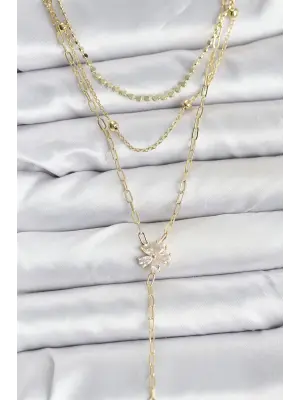 Pirinç Gold Renk Zirkon Taşlı Çiçek Model Detaylı 3lü Kombin Y Kadın Kolye