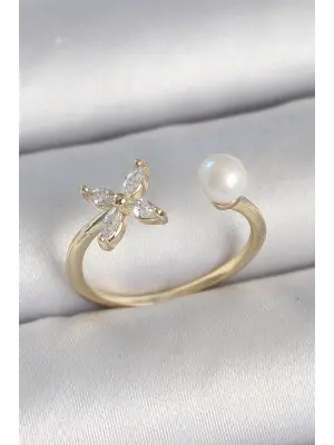 Pirinç Gold Renk Zirkon Taşlı Çiçek Model İnci Detay Ayarlanabilir Kadın Yüzük