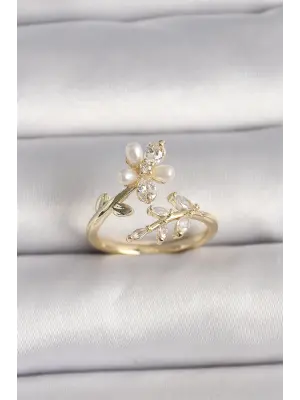  Altın Zirkon Taşlı Çiçek Model İnci Detay Ayarlanabilir Yüzük