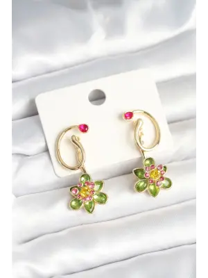 Pirinç Gold Renk Zirkon Taşlı Çiçek Model Kadın Küpe