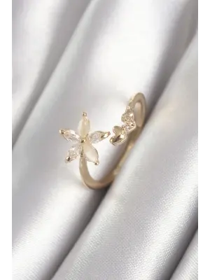  Altın Zirkon Taşlı Çiçek Model Kalp Detay Çelik Yüzük