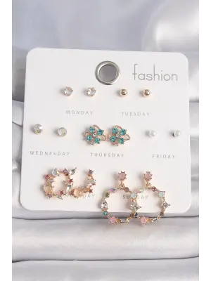  Altın Zirkon Taşlı Çiçekli Halka Model 7 Çift Çelik Küpe Seti