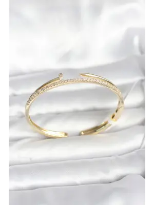 Pirinç Gold Renk Zirkon Taşlı Çivi Model Kadın Kelepçe Bileklik