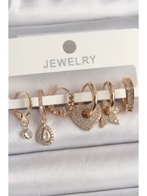  Altın Zirkon Taşlı Çoklu Figür Çelik Küpe Seti