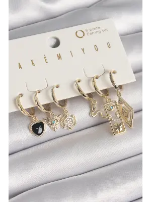  Altın Zirkon Taşlı Çoklu Sallantı Figür VIP Seri Çelik Küpe Seti