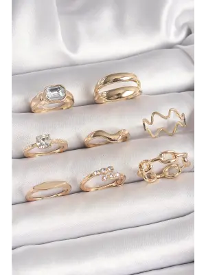 Pirinç Gold Renk Zirkon Taşlı Dalga Model Zincir Detay Kadın Yüzük Kombini