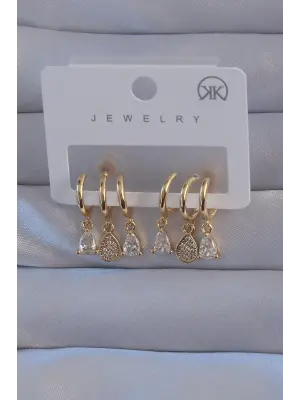  Altın Zirkon Taşlı Damla Model Çoklu Görünüm Yarım Halka Küpe