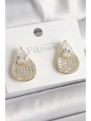 Altın Zirkon Taşlı Damla Model Çelik Küpe
