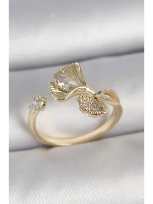 Pirinç Gold Renk Zirkon Taşlı Deniz Kabuğu Model Ayarlanabilir Kadın Yüzük