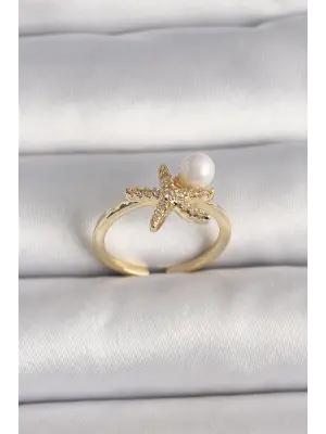  Altın Zirkon Taşlı Deniz Yıldızı Model İnci Detay Ayarlababilir Yüzük