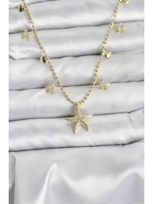 Pirinç Gold Renk Zirkon Taşlı Deniz Yıldızı Model Kadın Kolye