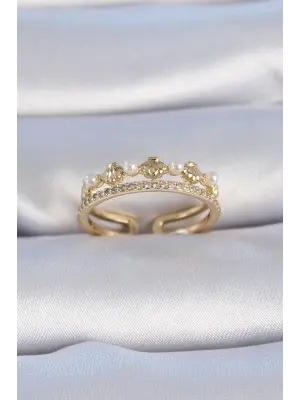  Altın Zirkon Taşlı Detay İnci Detay Midye Model Çelik Yüzük