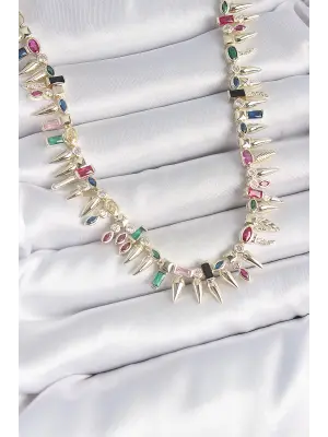 Pirinç Gold Renk Zirkon Taşlı Diken Model VIP Seri Kadın Kolye