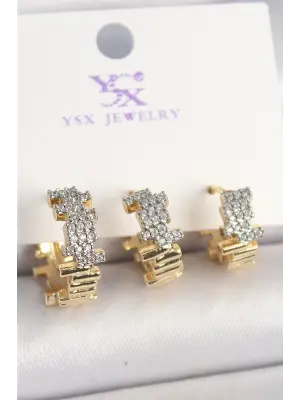 Pirinç Gold Renk Zirkon Taşlı Dorika Model 3Lü Kadın Kombin Küpe