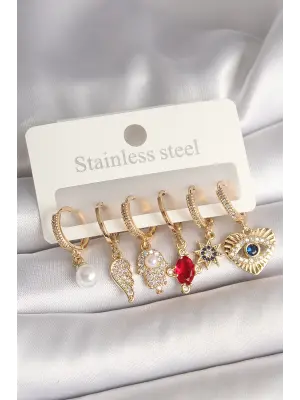 Pirinç Gold Renk Zirkon Taşlı Fatma Ana El Figür Kadın Küpe Seti