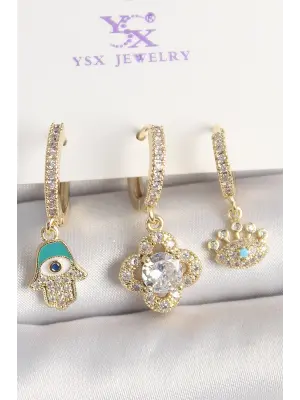 Pirinç Gold Renk Zirkon Taşlı Fatma Ana El Yonca Figür Göz Detay 3Lü Kadın Kombin Küpe