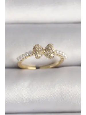  Altın Zirkon Taşlı Fiyonk İnci Detay Ayarlanabilir Yüzük