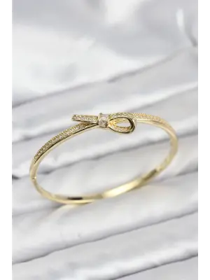 Çelik Gold Renk Zirkon Taşlı Fiyonk Model Kadın Kelepçe Bileklik