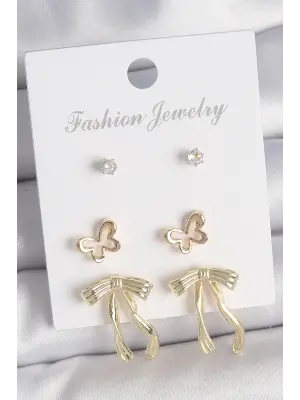 Pirinç Gold Renk Zirkon Taşlı Fiyonk Model Kelebek Detay 3 Çift Kadın Küpe Seti