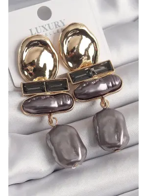 Altın Zirkon Taşlı Füme İnci Ezme Model Vintage Çelik Küpe