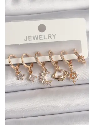  Altın Zirkon Taşlı Gezegen Model Çelik Küpe Seti