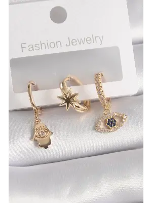  Altın Zirkon Taşlı Göz Fatma Ana El Figür Çelik Küpe